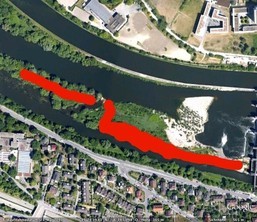 Schwemminsel nach dem Rückschnitt: Im roten Bereich ist die Vegetation vollständig entfernt worden. Quelle: Google Earth.