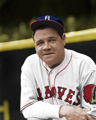Una foto (attualizzata a colori) di Babe Ruth con i boston Braves