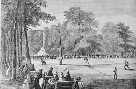 Nell'illustrazione (da notare l'umpire seduto dietro casa base) una gara all'Elysian Fields, (Harper’s Weekly, 15 ottobre, 1859 (courtesy Library of Congress)