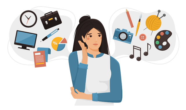 depiction of a woman and thought bubbles symbolizing the problems of everyday life and the compatibility of family and work.