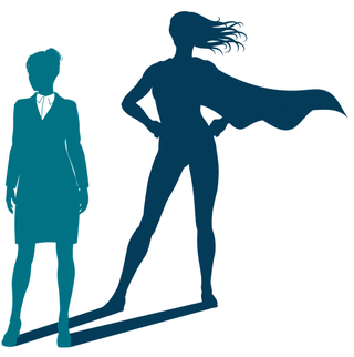 schematic representation of a woman in a business outfit whose shadow looks like a superheroine
