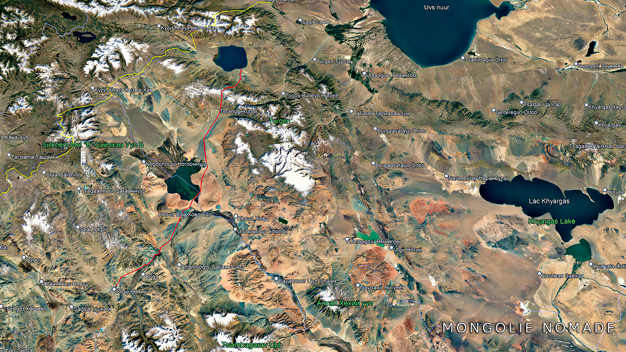 (De haut en bas, en rouge) Du lac Üüreg au lac Achit pour arriver à Ölgii.