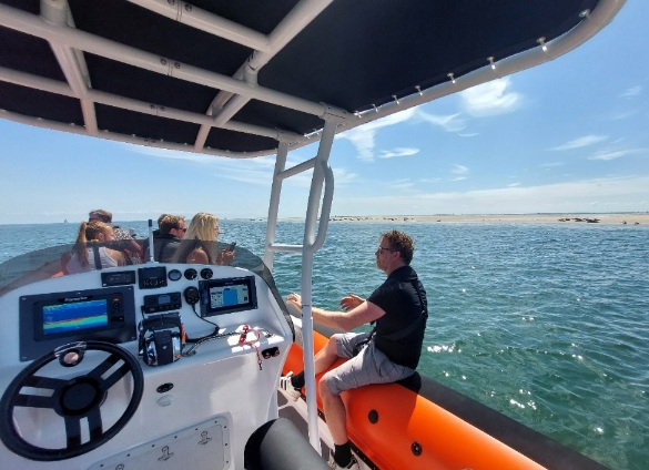 RIB-boot van I like Terschelling dichtbij de zeehonden op een zandbank in de waddenzee met schipper Douwe