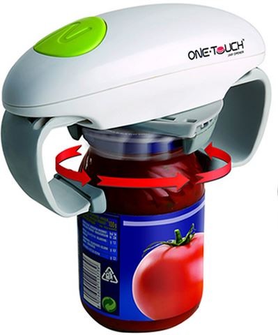 Ouvre bocal One Touch - Pour ouvrir le bocal sans effort, il suffit de placer l'ouvre bocal sur le couvercle et d'appuyer sur le bouton pour l'ôter. Automatique, il fonctionne avec piles. 