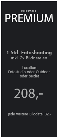 Preispaket Premium für Bewerbungsfotos: 1 Stunde Fotoshooting, zwei Bilddateien, Studio und/oder Outdoor möglich. Preis 208 €. Fotostudio in Erlangen.
