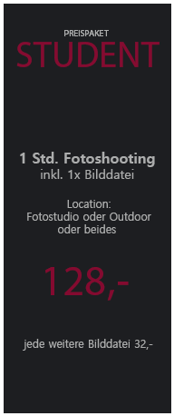 Preispaket Student für Bewerbungsfotos: 1 Stunde Fotoshooting, eine Bilddatei, Studio und/oder Outdoor möglich. Preis 128 €. Fotostudio in Erlangen