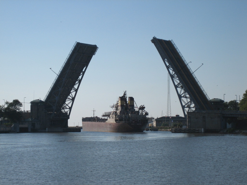 Vessel backs into Black River under bascule bridge