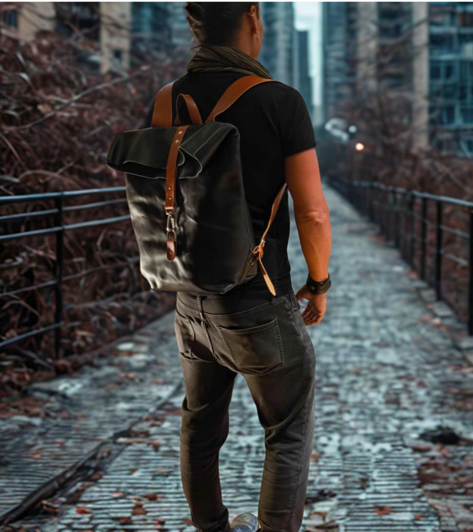 Mochila o bolso back pack tipo costal de tamaño grande hecho de piel de color natural; ideal para llevar las manos libres. Hecho totalmente a mano, es costurado a mano de diseño mexicano y de composición 100% mexicana, hecho por Condessa Leather MR 