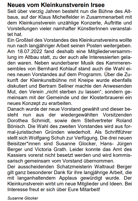 Juli 2022_Mitteilungsblatt Markt Irsee Mitgliederversammlung 2022 Kleinkunstverein Altbau e.V.