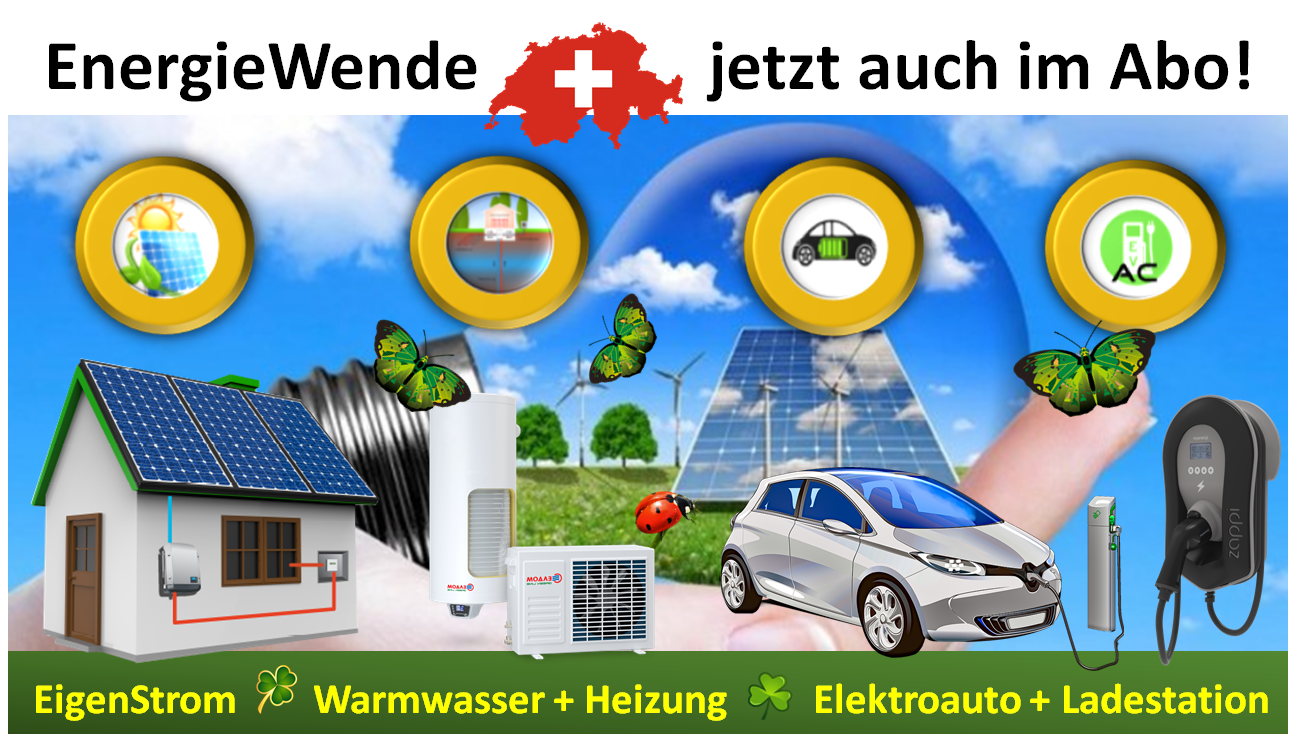 EnergieWende im Monats-Abo: EigenStrom von der Sonne, mit Wärmepumpen Warmwasser und Wärme erzeugen und dem eAuto mit EigenEnergie mobil sein