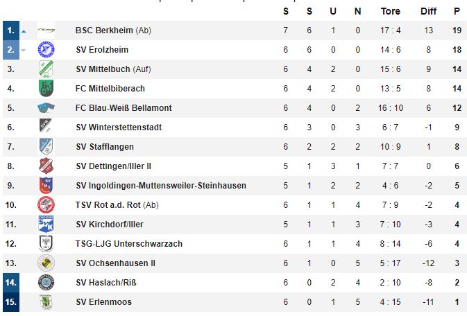 Die Tabelle nach dem 6. Spieltag - Spitzenreiter Berkheim hat ein Spiel mehr gespielt