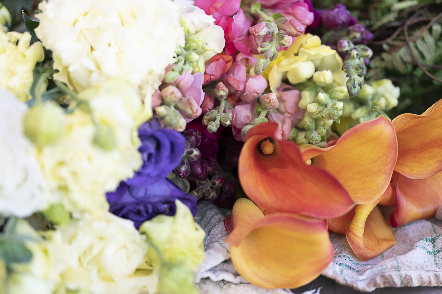 Ein bunter Strauß mit verschiedenen Blumen liegt auf einem Handtuch bereit, damit der Florist Alfons Mühlenbrock daraus später ein Trauergesteck machen kann.