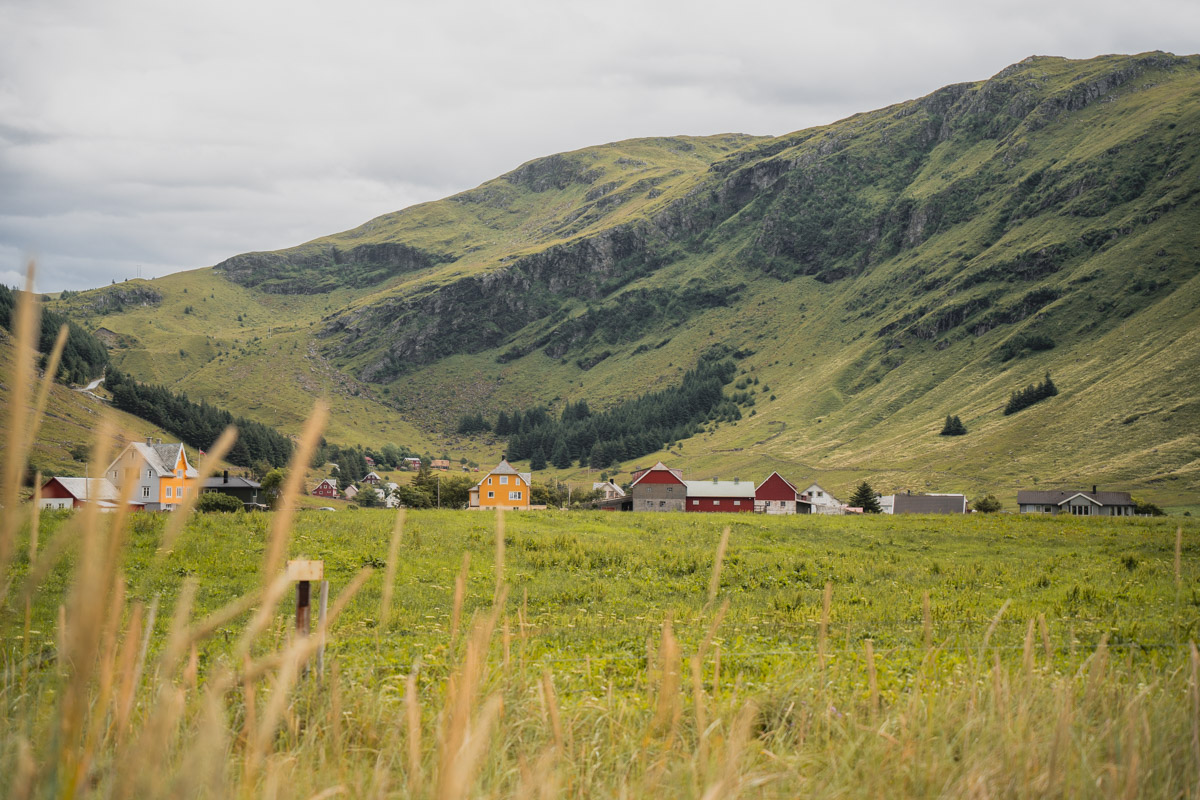 Die kleinen, bunten Häuser des Dorfes Hoddevik sind eingebettet in einen saftig grüne Berglandschaft.