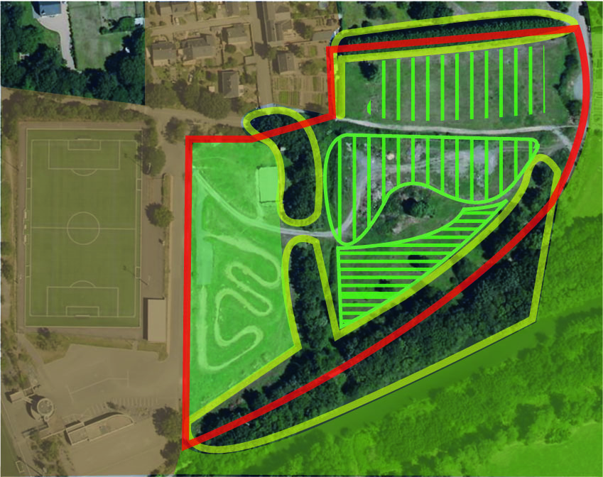 Diagnostic : Carte des ambiances végétales (en couleur pleine la prairie, en hachure horizontale la végétation de friche et en hachure verticale les hautes herbes.)