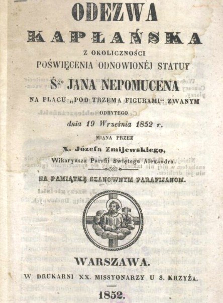 Karta tytłowa wydanego drukiem kazania X. Żmijewskiego, Biblioteka Narodowa w Warszawie, sygn. 1.474.286 A