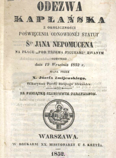 Karta tytułowa wydanego drukiem kazania X. Żmijewskiego, Biblioteka Narodowa w Warszawie, sygn. 1.474.286 A