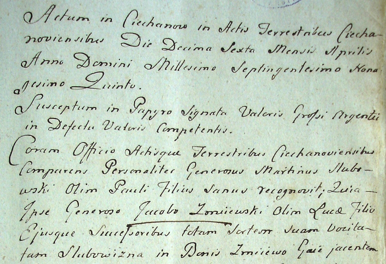 Fragment dokumentów hipotecznych wsi Żmijewo- Gaje z 1795 roku [AP w Warszawie o/Mława]