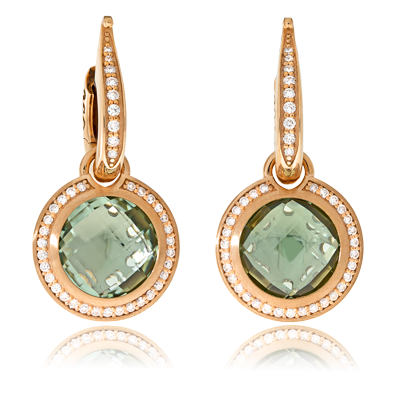 Ohrringe in Rotgold mit Prasolithen und Brillanten aus der Fatima Kollektion der Goldschmiede OBSESSION Zürich und Wetzikon