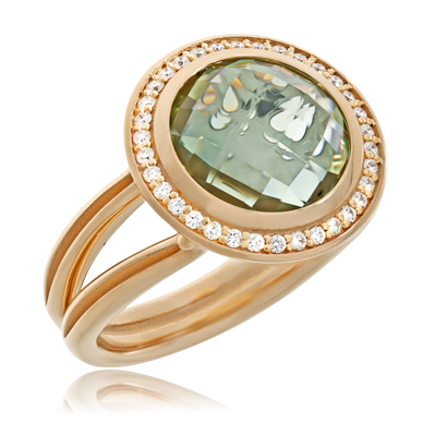 Schmuckring in Rotgold mit einem Prasolithen und Brillanten aus der Fatima Kollektion der Goldschmiede OBSESSION Zürich und Wetzikon