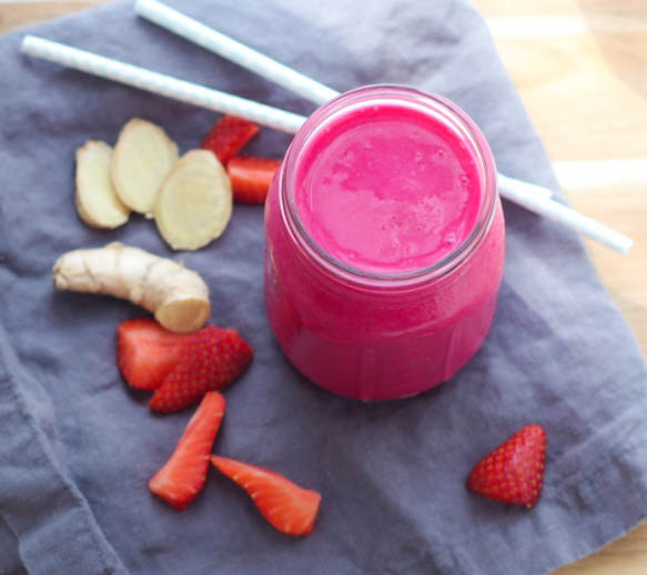 This ruby red smoothie has a beautiful flavor combination of strawberries and ginger that accent the beets in this recipe.  It's a great way to get more veggies into your breakfast routine! 