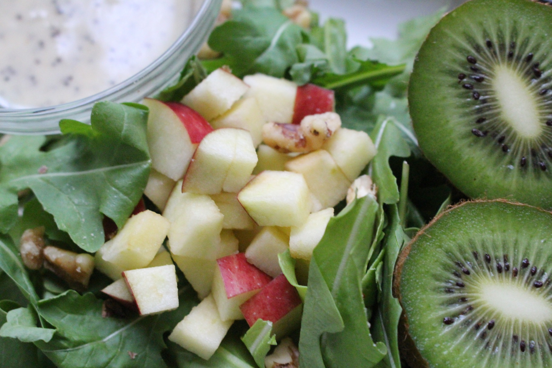Fresh Arugula Apple Kiwi Salad With Orange Poppy Seed Dressing
