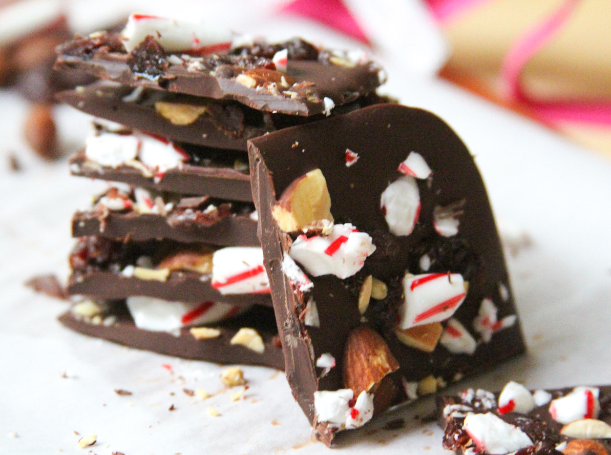 Dark Chocolate Peppermint Bark with Almonds and Cherries Homemade