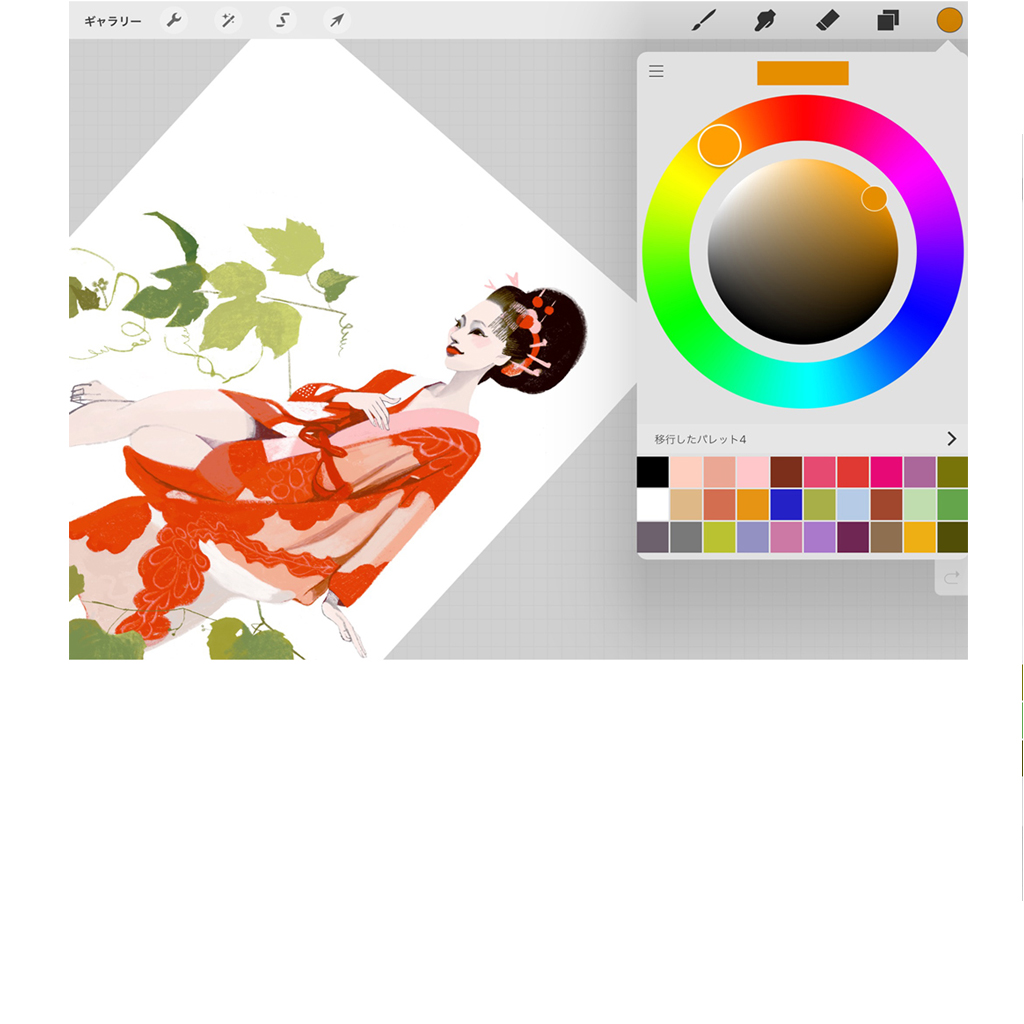 キャンバスは大きさも角度も自由に変えながら描けます。細かく描きこみたければ拡大して描き、画面を小さくして、全体のバランスをチェックするのに便利。カラーリングウインドウを開けば、色彩を自由に呼び出せます。よく使う色はパレットに保存します。