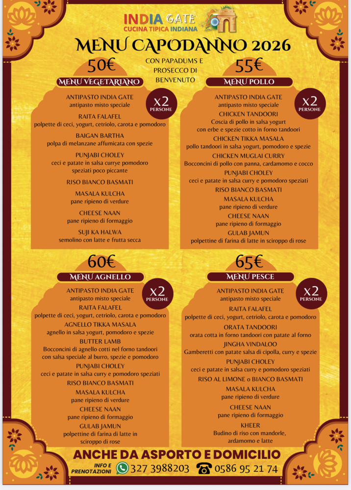 🎉 Festeggia il Capodanno 2026 con una cena indimenticabile da India Gate!  Scegli tra 4 menu speciali per 2 persone: 🥗 Vegetariano – 🍗 Pollo – 🐑 Agnello – 🐟 Pesce 🧾 Ogni menu è pensato per 2 persone Tutti i menu includono antipasto, piatto principale, contorni, dolce e prosecco di benvenuto.  📍 Dove: India Gate Ristorante Indiano – Piazza del Cisternone, 9 – Livorno 📅 Quando: 31 Dicembre 2025 – dalle ore 19:00  📞 Prenotazioni: 📱 WhatsApp: 327 3988203 ☎️ Fisso: 0586 952174  🛵 Anche da asporto e consegna a domicilio disponibile! 🎆 Posti limitati – Prenota subito! Ti aspettiamo per salutare insieme il nuovo anno con sapori autentici dell’India 🇮🇳✨