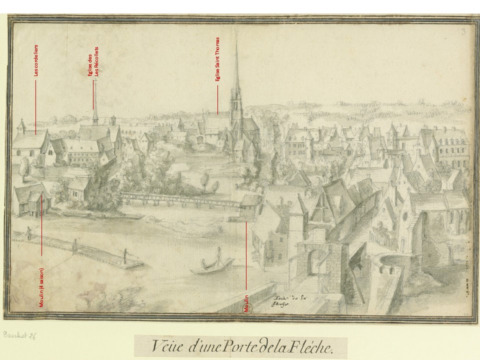 Vues de la Flèche en 1612 -  hypothèse du lieu  ( Points de vues -  Châteaux de Jean de la Flèche, disparu aujourd'hui 