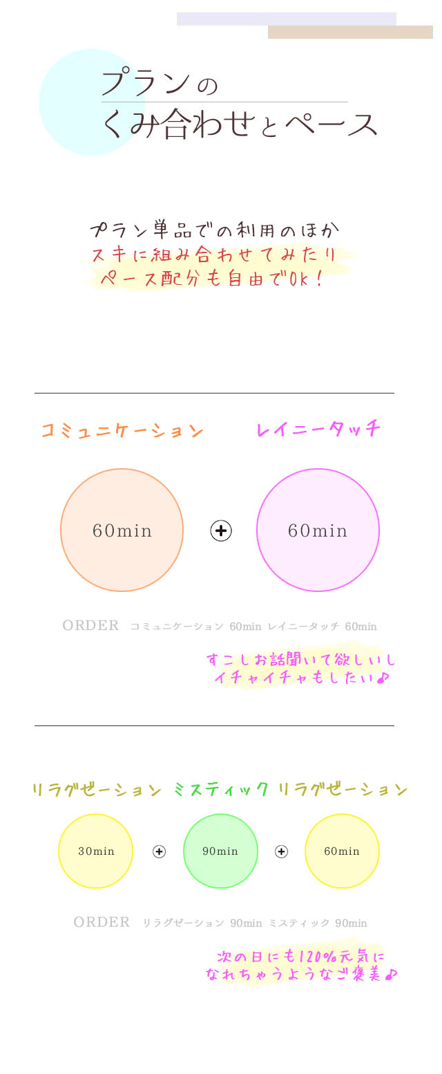 プランのくみ合わせとペース プラン単品での利用のほかスキに組み合わせてみたりペース配分も自由でOK！コミュニケーション60min+レイニータッチ60min ORDER コミュニケーション60min レイニータッチ60min すこしお話聞いて欲しいしイチャイチャもしたい♪ リラグゼーション30min+ミスティック90min+リラグゼーション60min ORDER リラグゼーション90min ミスティック90min 次の日にも120％元気になれちゃうようなご褒美♪  札幌 女性用風俗 女風 雨はしずかに