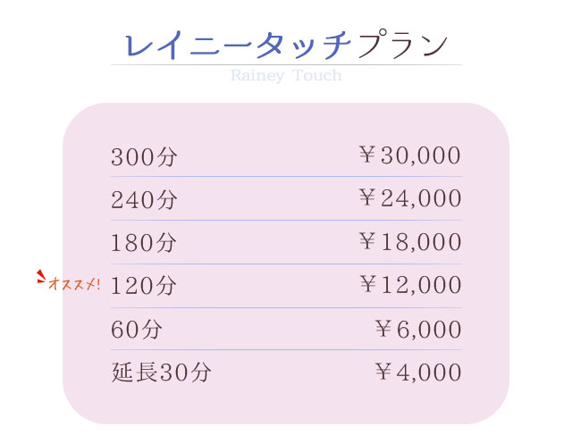 レイニータッチ300分 ￥30,000 240分 ￥24,000 180分 ￥18,000 120分 ￥12,000 60分 ￥6,000 延長30分 ￥4,000 札幌 女性用風俗 女風 すすきの 北海道 レンタル彼氏 デートコース 出張ホスト 雨はしずかに