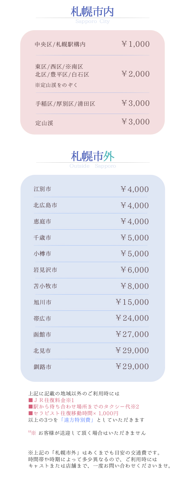 交通費と深夜料金 札幌市内 中央区 ￥1,000 東区/西区/※南区/帰宅/豊平区/白石区 ※定山渓をのぞく 手稲区/厚別区/清田区 ￥3,000 定山渓 ￥3,000 札幌市外 Sapporo City Outside Sapporo 江別市 ￥4,000 北広島市 ￥4,000 恵庭市 ￥4,000 千歳市 ￥5,000 小樽市 ￥5,000 岩見沢市 ￥6,000 苫小牧市 ￥8,000 旭川市 ￥15,000 帯広市 ￥24,000 函館市 ￥27,000 北見市 ￥29,000 釧路市 ￥29,