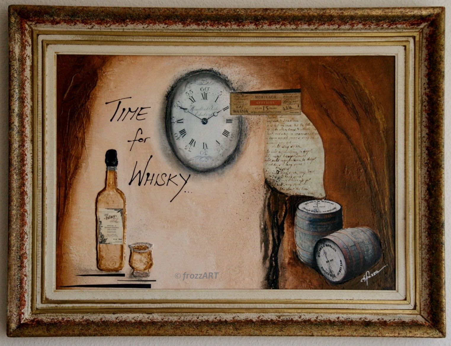 "Time for Whisky" 63x83xm, AcrylMT (2014) Altes und Neues kombiniert. Es musste alt sein wie guter Whisky, also ein alter Bilderrahmen ink. handgearbeiteter Leinwand gesucht + gefunden, überarbeitet und entstanden ist eine modellierte Collage.