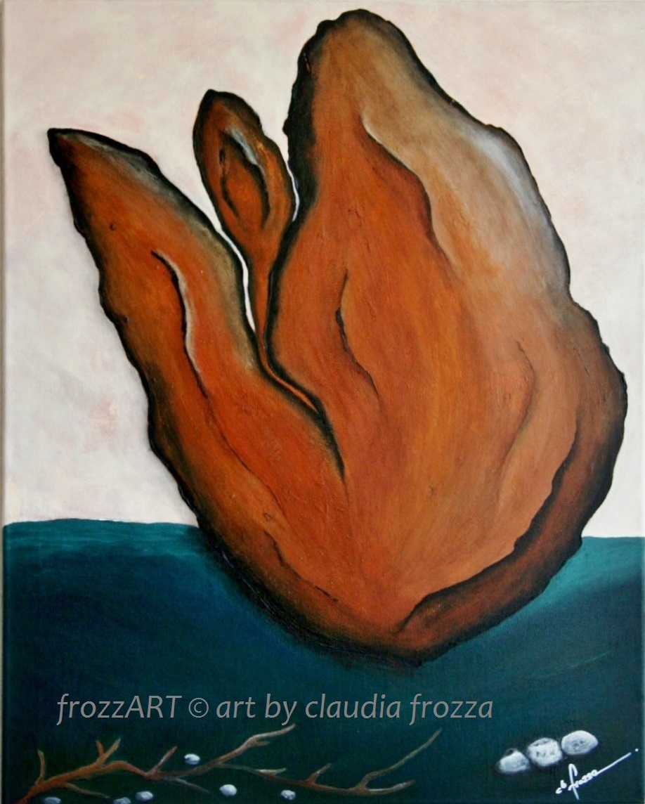 "Fior di legno" 81x65cm, Acryl (2016). Eine schwimmende Holzblume die sich treiben lässt, Leichtigkeit, Wachstum, Freiheit - ohne jedoch dabei den festen Boden aus den Augen zu verlieren. Und irgendwo wird sie stranden...