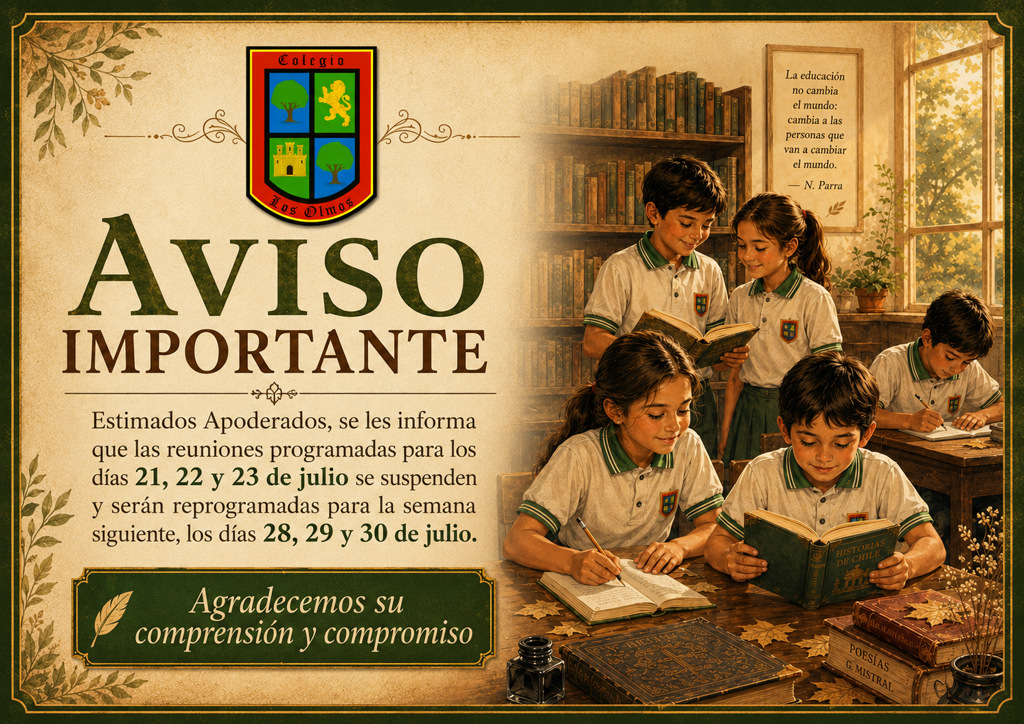SUSPENSIÓN Y REPROGRAMACIÓN DE REUNIONES DE APODERADOS/AS