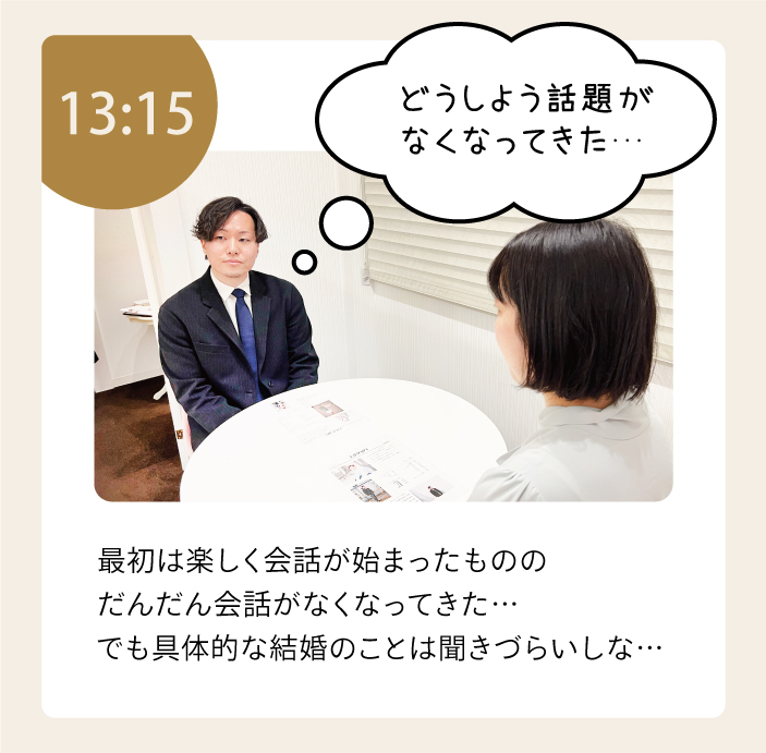 15分経過…。2人きりのお見合い会話がなくなってきた。具体的な結婚の話もしずらい…。