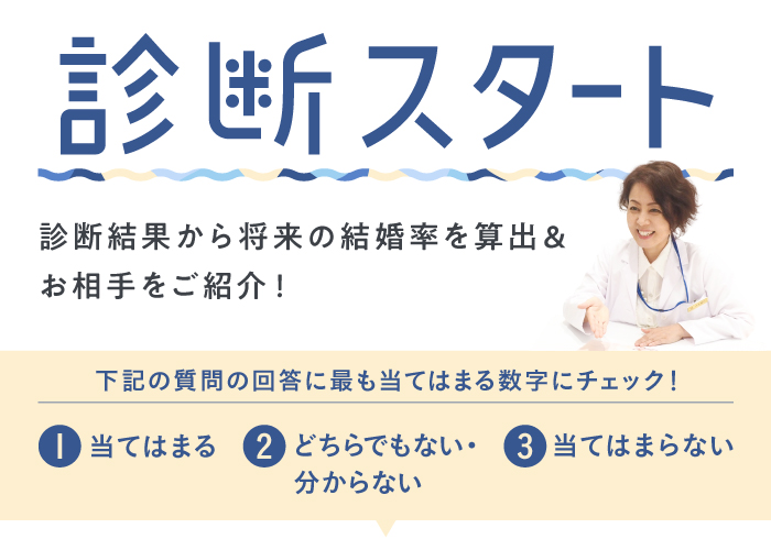 診断スタート診断結果から将来の結婚率を算出&お相手をご紹介！下記の質問の回答に最も当てはまる数字にチェック！