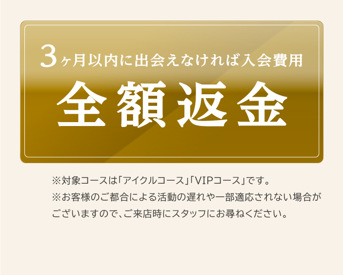 3ヶ月以内に出会えなければ入会費用全額返金。対象コースは「アイクルコース」「VIPコース」