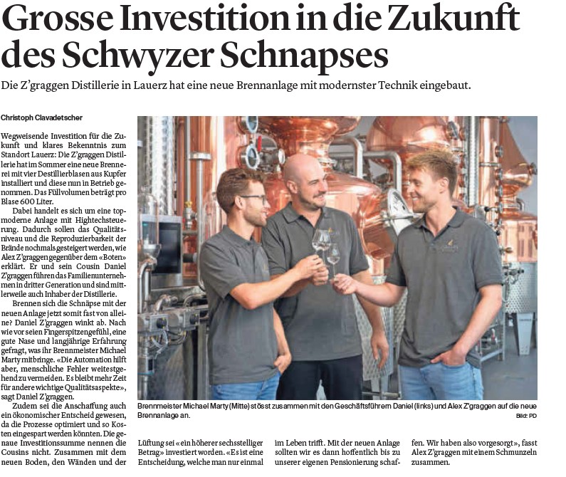 Quelle: Bote der Urschweiz, 30. August, Rubrik „Region“ – Artikel über die Z’graggen Distillerie
