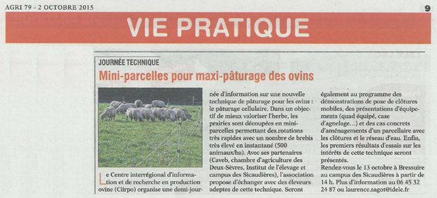 Article de presse Life PTD - AGRI 79 du 2 octobre 2015