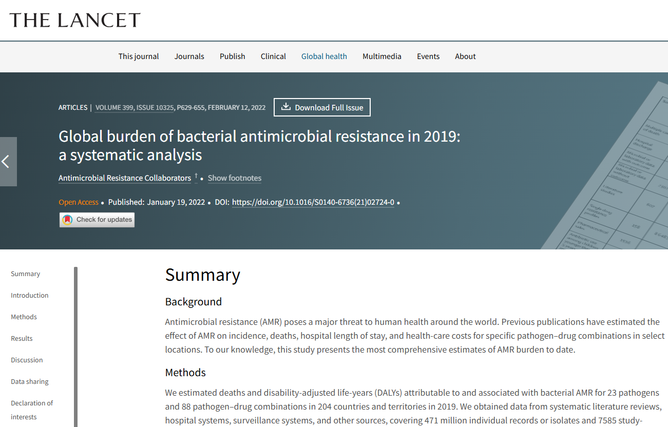 Systematic analysis: Global burden of bacterial antimicrobial resistance in 2019. Article published in The Lancet January 19, 2022