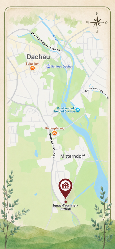Der Weg zum Fischerhof, die Dachauer Altstadt ist in nur 15 Minuten zu Fuß erreichbar. 