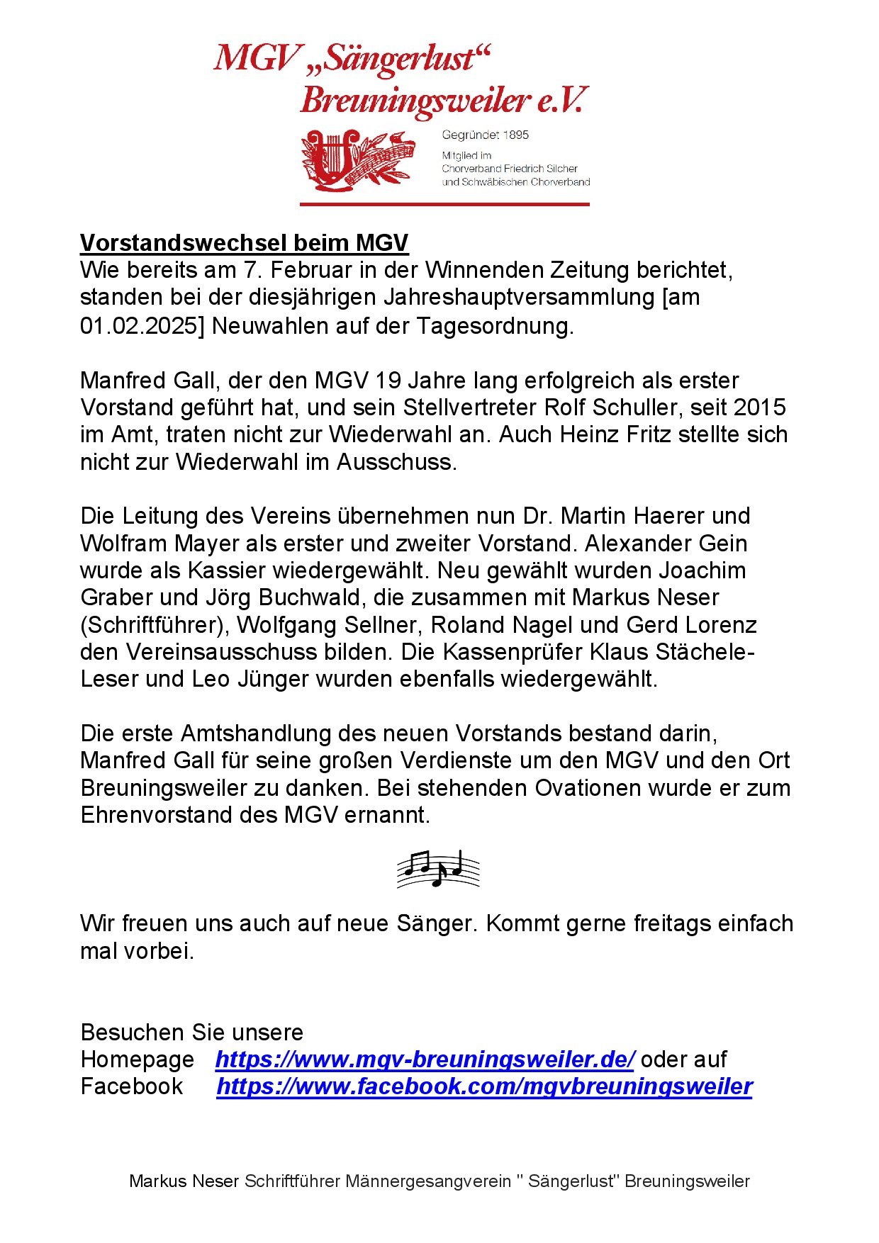MGV 'Sängerlust' Breuningsweiler - 01.02.2025