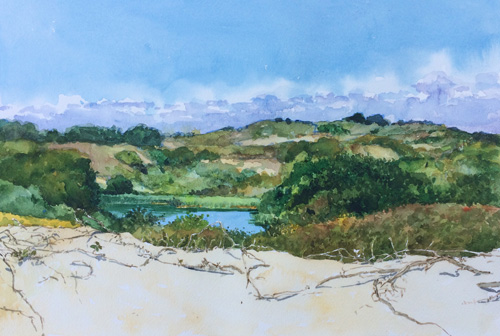 Uitzicht op meertje in Katwijker Zuid Duinen   aquarel.  24x36   2019