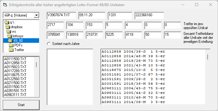 Programm mit Trefferangaben aller bisher gefertigten Lotto-Formel 49/80