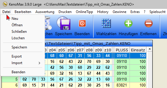 Im Menü "Datei" gibt es die Untermenüpunkte für neuen Tipp anlegen, öffnen, löschen, speichern sowie für Im- und Export