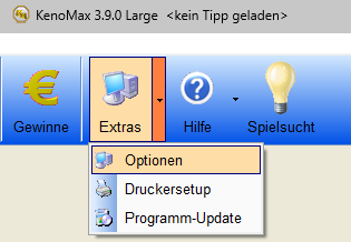 Menü "Extras" mit Optionen, Druckersetup und Programm-Update