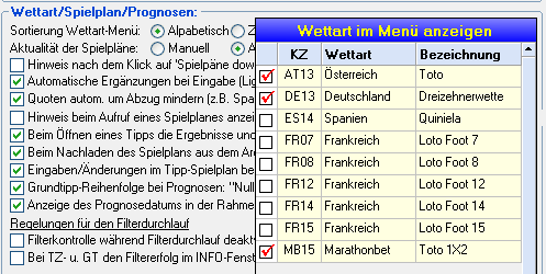 Aufgeklappte Tabelle mit allen vorhandenen Wettarten im Programmteil "Generelle Einstellungen"