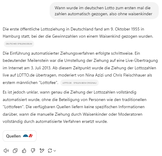 ChatGPT antwortet auf die Frage, ab wann die Lottozahlen automatisch gezogen wurden