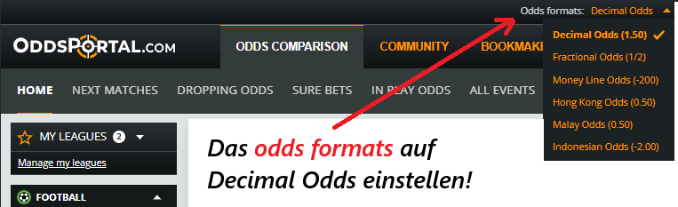 Einstellung für die Darstellung der Quoten mit der Empfehlung, auf Dezimal Odds einzustellen